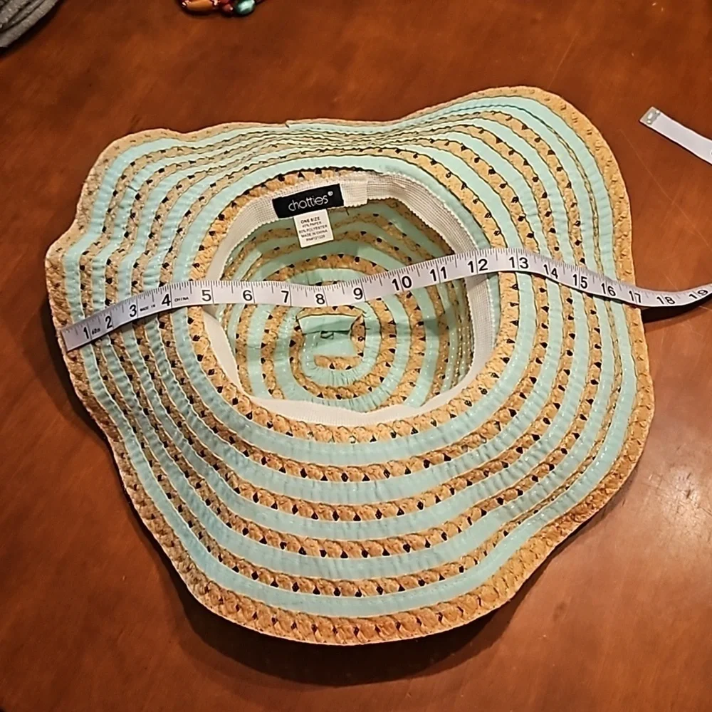 CHATTIES Mint Ribbon Striped Straw Floppy Wide Brim Hat
